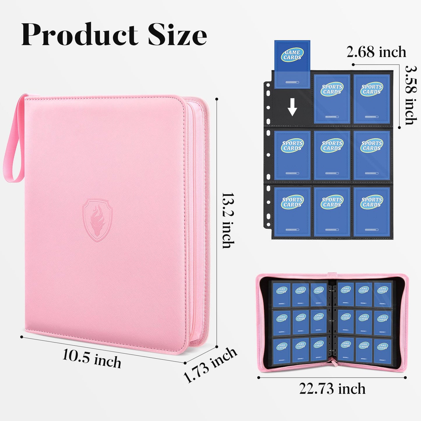 Fabmaker 9 Pocket Card Binder, Premium Trading Card Binder Holds 756 Cards, PU Cover 3 Ring Zipper Card Binder, Portable Baseball Card Binder, Collection Album for Game & Sport Cards, Pink