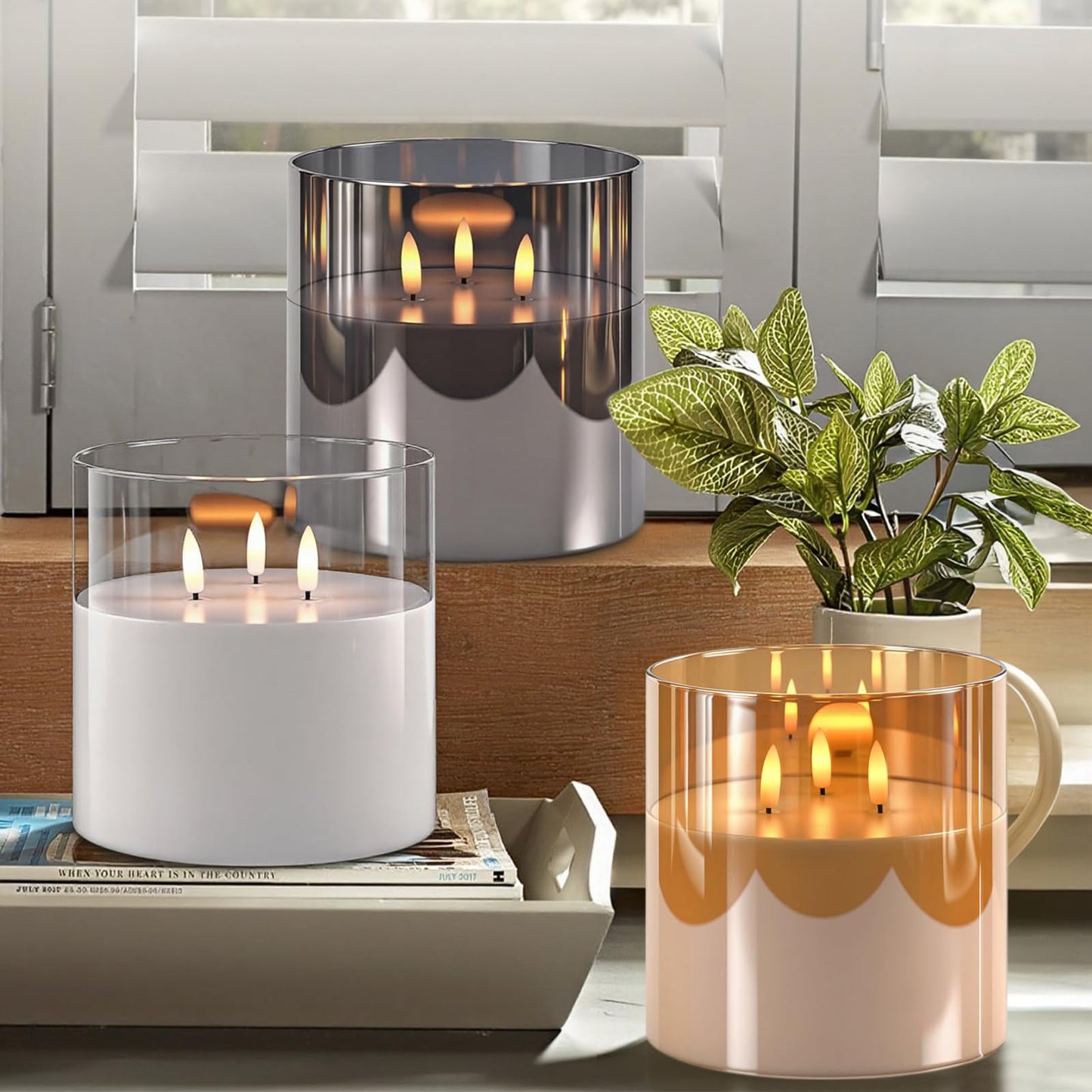 GenSwin 3 Wick Glass Flameless Candles with Remote Timer, Set of 1 Large LED Flickering Candle Battery Operated with 3D Flame, Large Pillar Candle for Halloween Christmas Home Decor(Black, D6”xH6”)