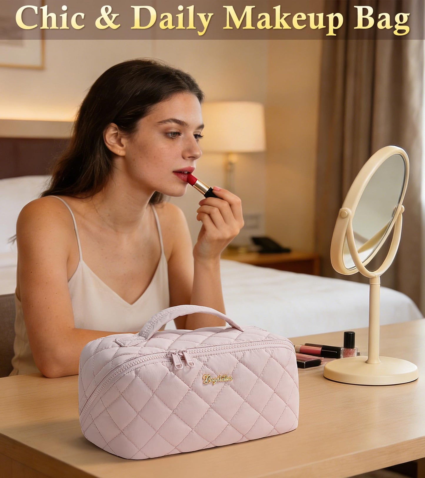 Travel Makeup Bag, 3 Pcs Large Capacity Puffy Toiletry Bag for Women, Open Flat Make up Cosmetic Organizer w/Handle & Clear Divider Water-resistant Portable Pouch Travel Essentials, L-Light Pink