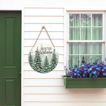 Winter Welcome Sign for Front Door Christmas Cardinal Bird Wood Door Hanger for Outdoor Outside Porch Snowflake Pine Trees Round Hanging Signs Holiday Decor for Home Wall Porch Yard 12"x12"