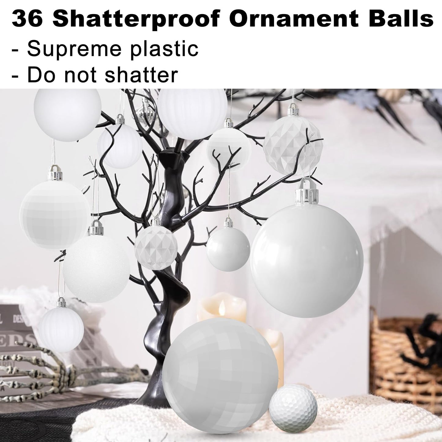 White Christmas Ornaments - Christmas Tree Decorations Shatterproof Hanging Balls for Birthday Wedding Holiday Decor Set of 36pcs, Multi-Sizes(1.6",2.5",3.2")