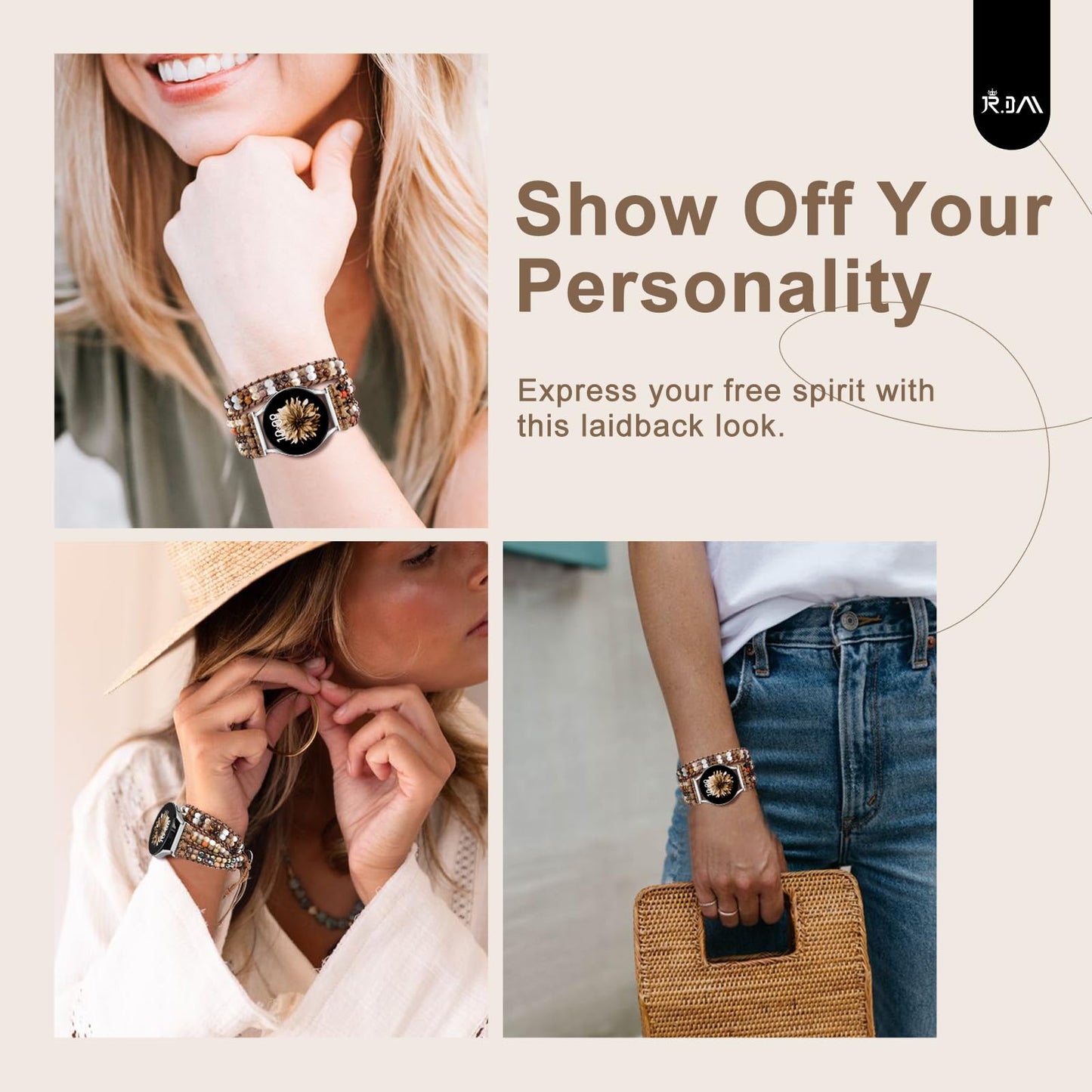 JR.DM Boho Beaded Handmade Braided Bracelet Band Women 20mm Compatible with Samsung Galaxy Watch 7/6/5/4/Active 2/4 Classic/6 Classic/5 Pro/FE 40mm 42mm 43mm 44mm 45mm 46mm 47mm