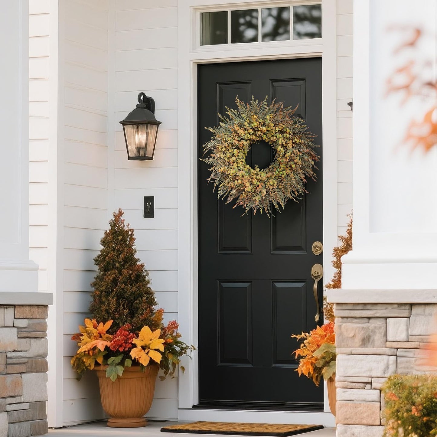 26" Fall Wreath for Front Door - Large Artificial Eucalyptus and Fake Ferns Leaves Outdoor Wreath for Porch, Window,Farmhouse,Home,Thanksgiving Day Harvest Festival Autumn Decor