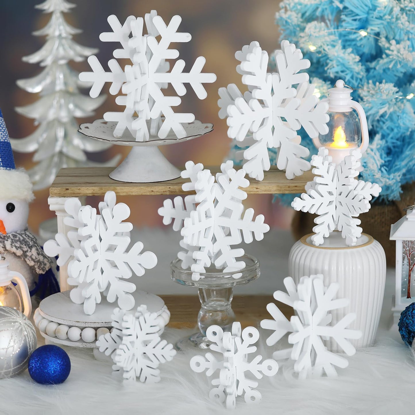 Wenqik 16 Pcs Winter Wooden Snowflake Decor Christmas Winter Snowflake Tabletop Decorations 3D Snow Table Signs Standing Centerpiece Xmas Tiered Tray Decorations for Party(White)
