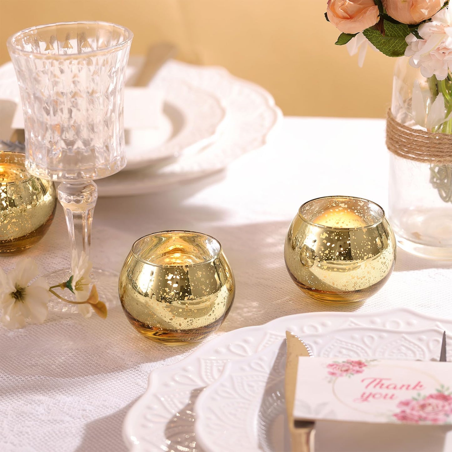 LAMORGIFT 12 Pcs Gold Votive Candle Holders- Gold centerpieces for Tables, Mercury Glass Votives for Wedding, Rehearsal Dinner, Engagement, Birthday Party Decorations