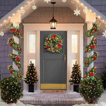 WANNA-CUL Pre-Lit 24 Inch Lighted Christmas Wreath for Front Door Luxury Red Gold Christmas Door Wreath Decoration with Ball Ornaments, Poinsettia Flowers,Berries, and Lotus, Battery Operated 30 LED