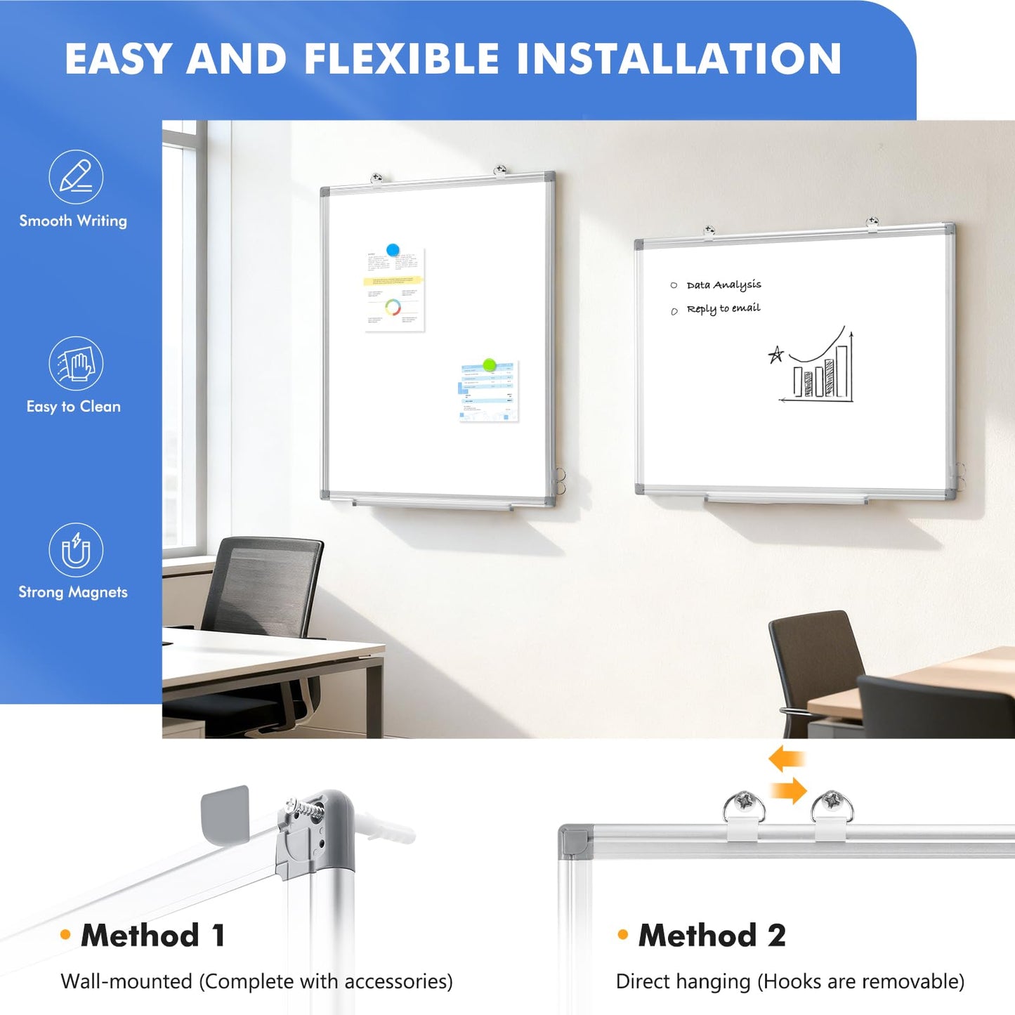 WALGLASS Double-Sided White Board, 24" x 18" Dry Erase Board Magnetic Whiteboard for Wall, Hanging Mounted Whiteboard Silver Aluminium Frame for Home, School, Office, Kitchen