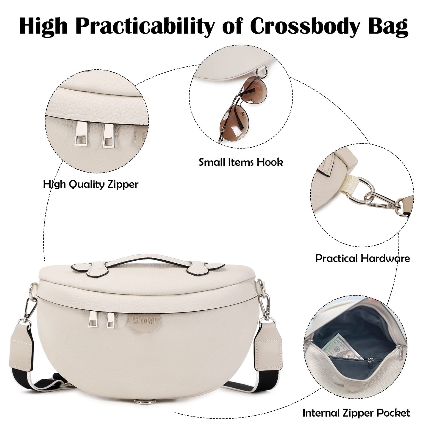 Eslcorri Crossbody Bags for Women - Fashion Sling Purse Shoulder Bag Fanny Pack Leather Casual Chest Bum Bag with Adjustable Wide Strap for Workout Traveling Running Shopping - off white