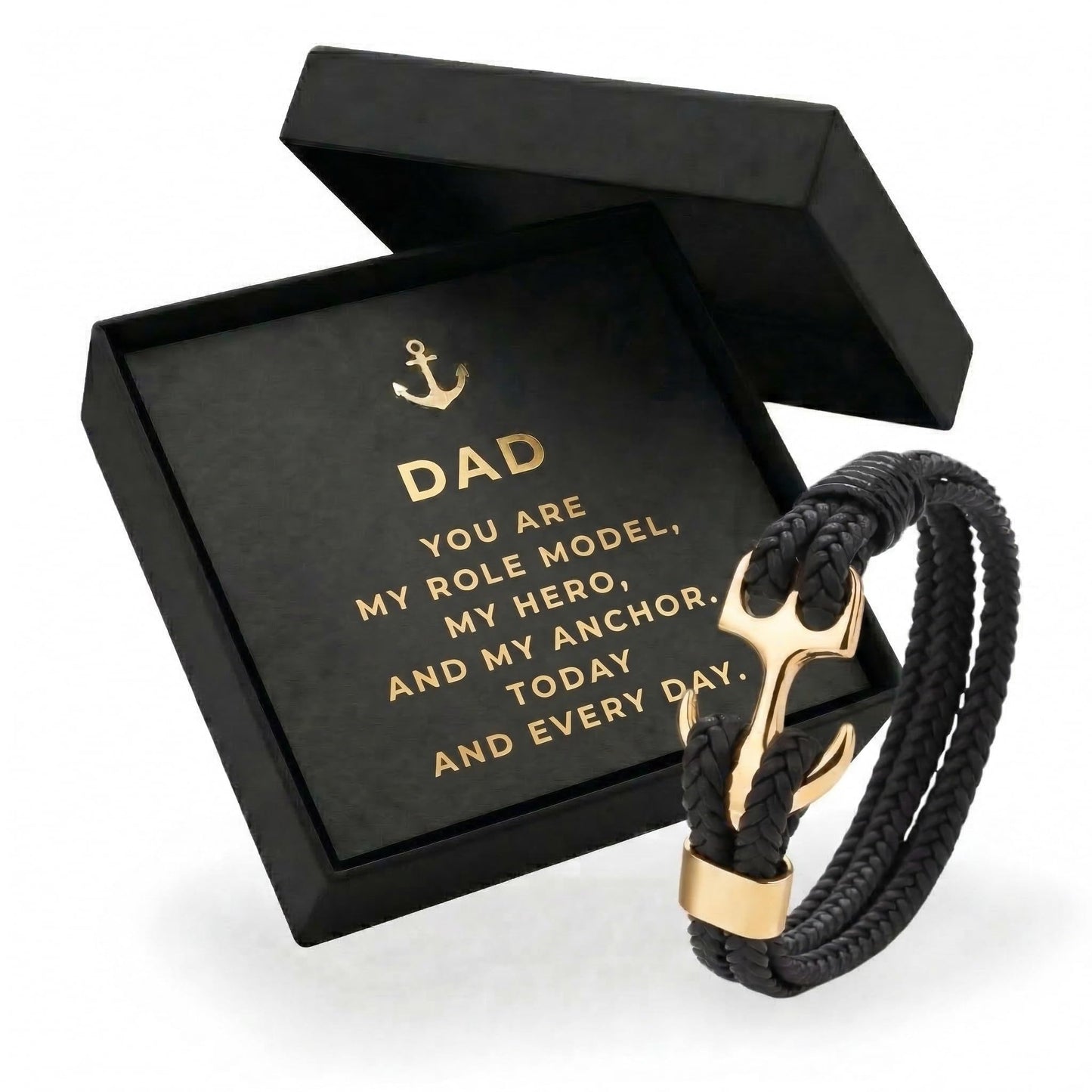 Studio Rockwood Men’s Anchor Bracelet with Gift Box and Card - Braided Leather Wristband - Gift for Dad, Husband, Boyfriend - Father’s Day, Anniversary, Birthday, Valentine’s Day (Gold, Dad)