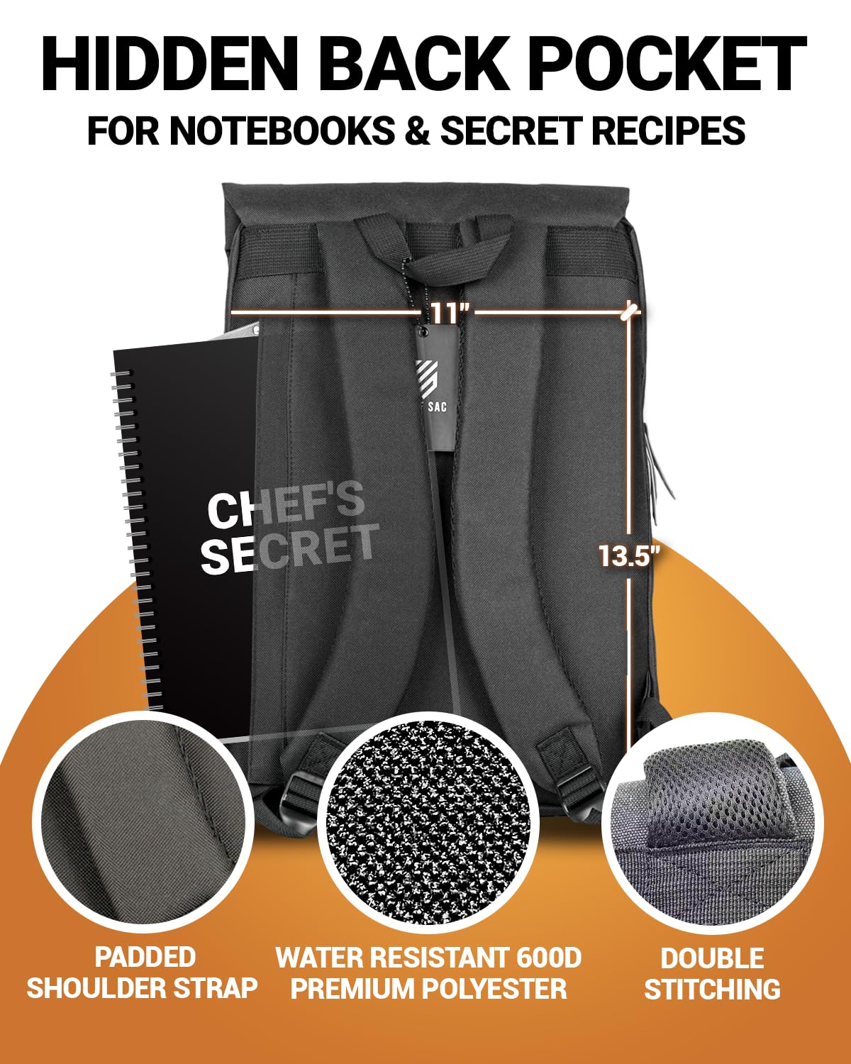 Chef Knife Bag Vintage Backpack VINTAGE, Professional Knife Carrying Case for Chefs & Culinary Students, 30+ Pockets, Holds 10" Knives, Water-Resistant 600D Material (Black)