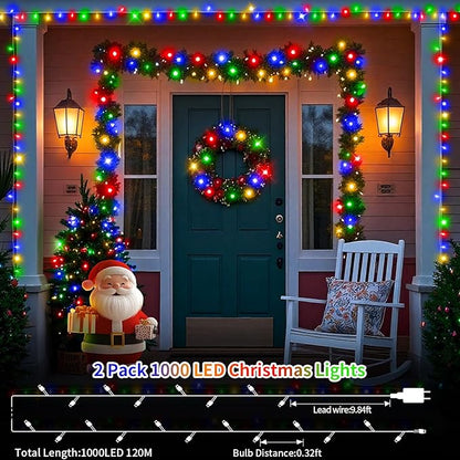 2 Pack 403 FT 1000 LED Christmas Lights Outdoor Fairy Lights Plug in Extra Long Clear Wire String Lights with Remote Timer 8 Modes for Outside House Tree Garden Wedding Party Decorations- Multicolor