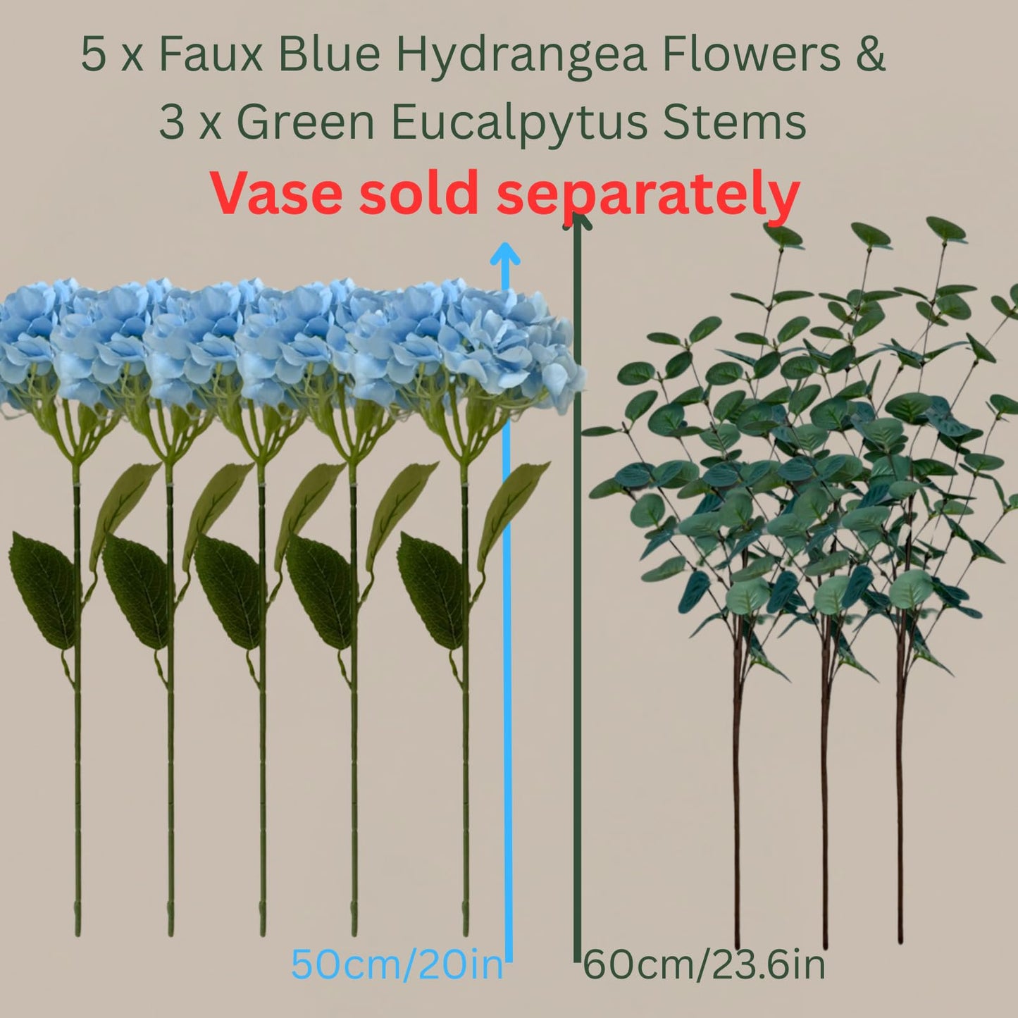 Blue Hydrangea Artificial Flowers Arrangement, 5 Real Touch Hydrangea Stems & 3 Faux Eucalyptus, Artificial Flowers for Table Centerpiece, Dining Room Living Room Decor, Spring Home Decor