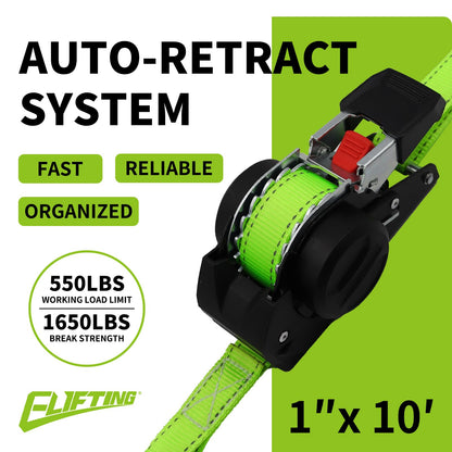 ELIFTING Retractable Ratchet Straps (2-Pack) 1 Inch x 10 Feet Auto Self Retracting Tie Down Straps (1650lbs Break Strength) Reflective Safety Stitching for Motorcycle ATV UTV Truck Trailer - Green