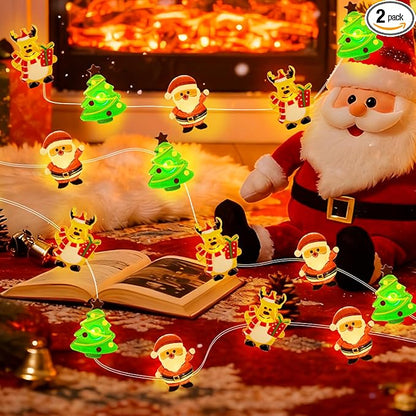 pozzolanas Christmas Fairy Lights, LED Christmas Tree Santa Claus Snowman Moose Lights Decoration, Waterproof Battery Powered Indoor Outdoor Decoration String Lights - 2Pack