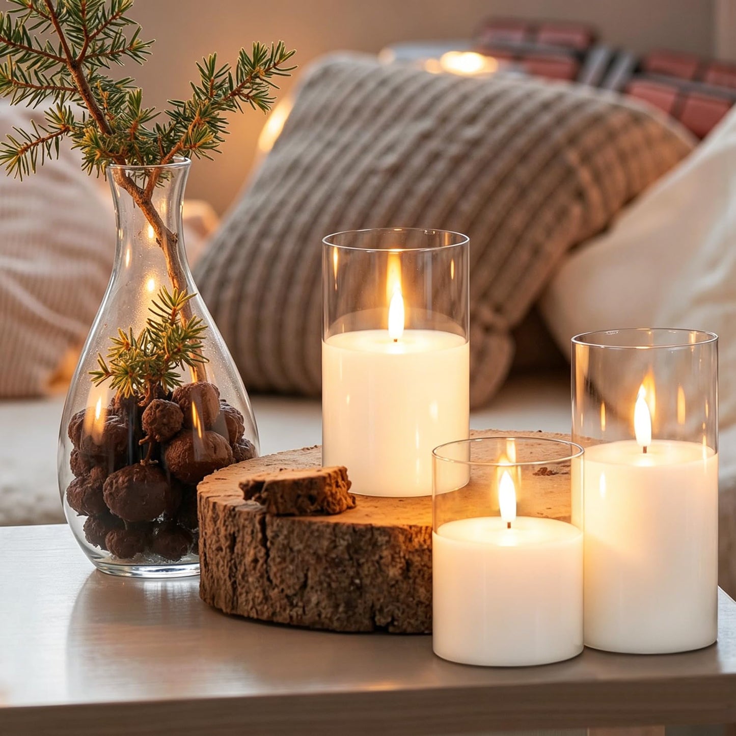 GenSwin Rechargeable Flameless Candles with Remote Timer, Clear LED Battery Operated Candles with Flickering Flame, Glass and Real Wax Pillar Candle Holiday Home Decor(Set of 3, D3”xH4”5”6”)