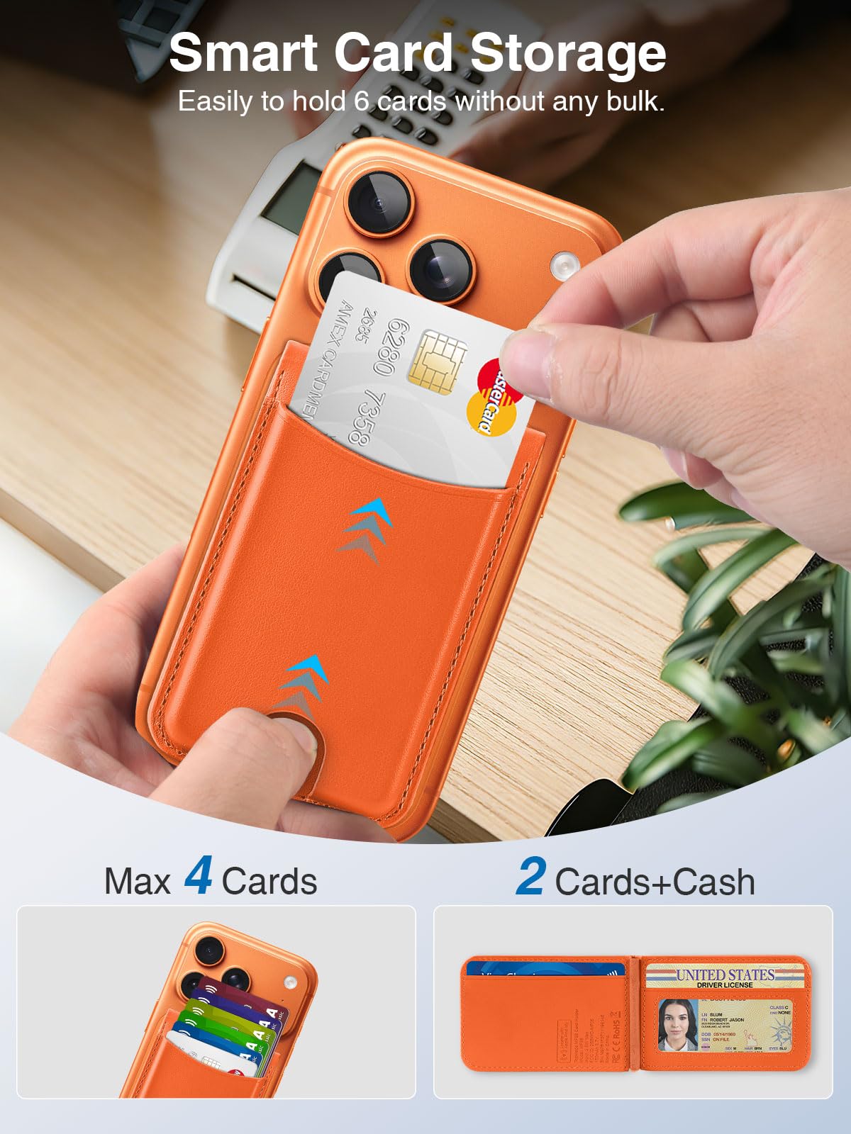 TopMade for MagSafe Wallet, Works with Apple Find My, Strongest Magnetic Wallet with Stand, 6 Card Holder, RFID Blocking, Magnetic Card Holder for iPhone 17/16/15/14/13/12 Series, Rechargeable,Orange