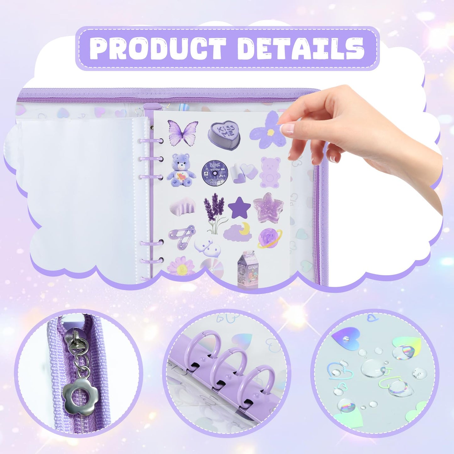 Sticker Storage Organizer Binder A5 Sticker Zipper Photocard Binder Holder Collecting Book Organizing Trading Card Album Holder with Blank Reusable Release Paper Purple(Heart)