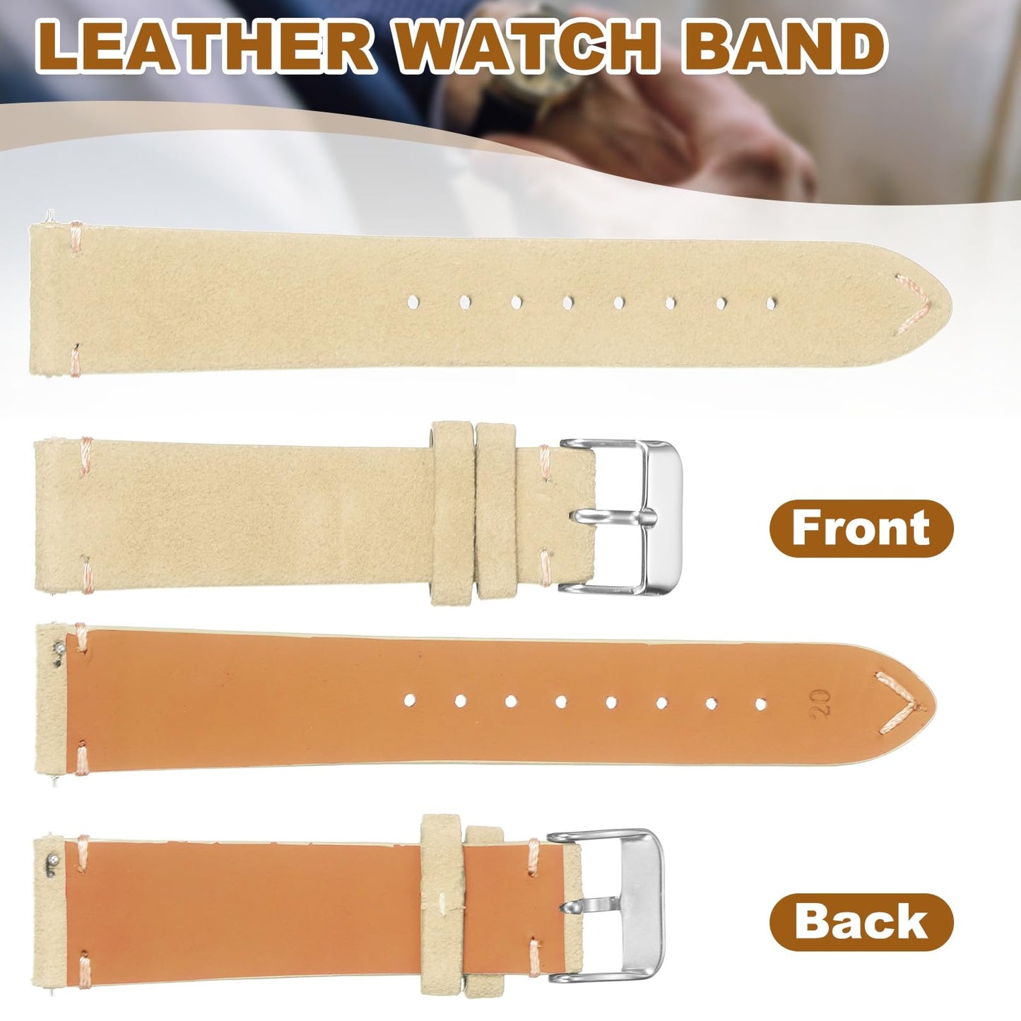 HARFINGTON Leather Watch Band 20mm Width Watch Strap Top-Grain Suede Cowhide Wrist Bands Replacement with Stainless Steel Buckle for Men Women, White