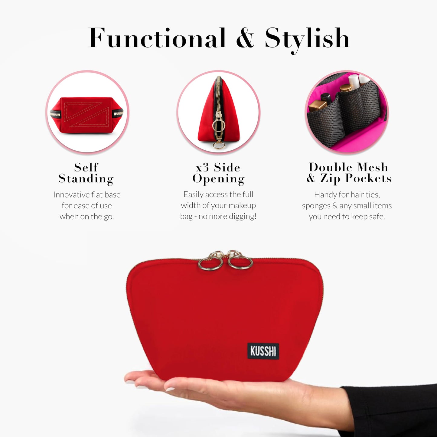 KUSSHI Washable Travel Makeup Bag for Purse (Everyday, Candy Apple Red/Pink)