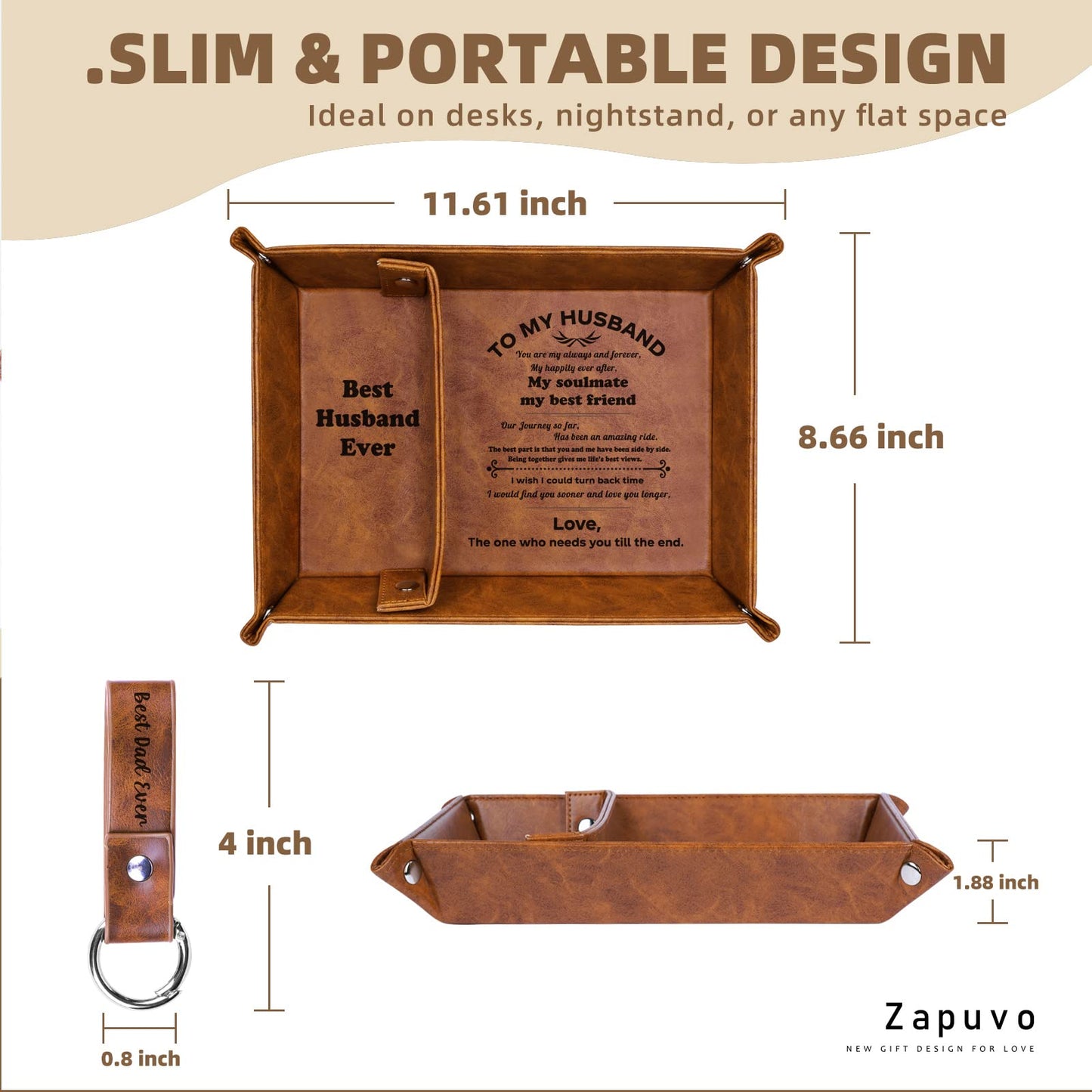 ZAPUVO Gifts for Husband Men Dad Fathers Day,Best Husband Ever PU Leather Valet Tray and Keychain, Anniversary for Men-Birthday Gifts Ideas for Him Boyfriend Who Has Everything from Wife