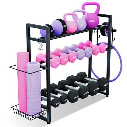 laapee 3-Tier Dumbbell Rack with 882 LBS Capacity, Multi-Purpose Weight Rack for Home Gym with Shelf and Movable Hooks, Weight Holder and Home Gym Storage Organizer for Dumbells Kettlebells Yoga Mat