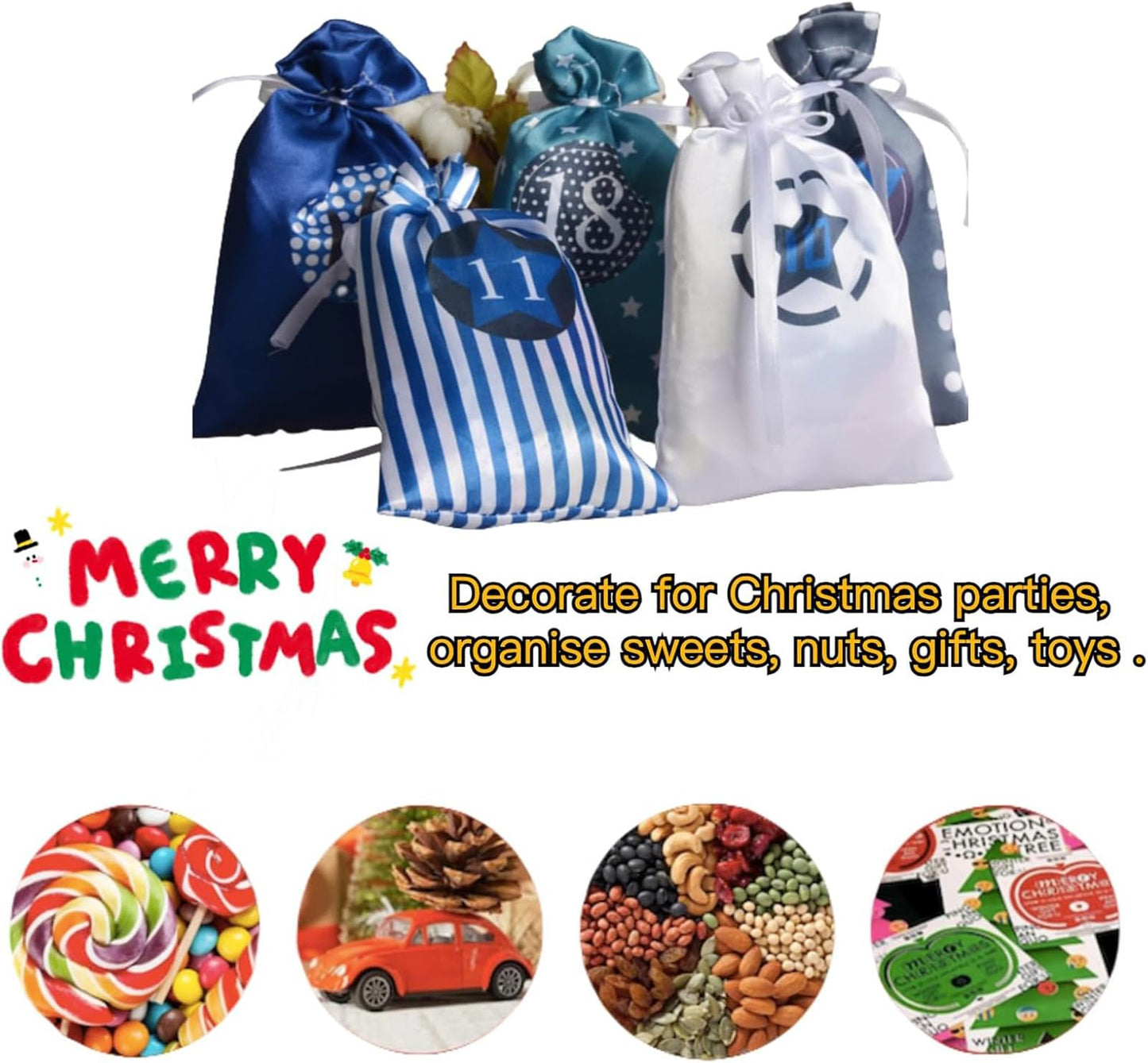 24 Pcs Christmas Drawstring Gift Wrap Bags Reusable Advent Calendar Bags Cute Xmas Candy Toys Goody Treat Bag Pocket for Holiday Weedings Birthdays Party Favor Home Storage Gift Bag