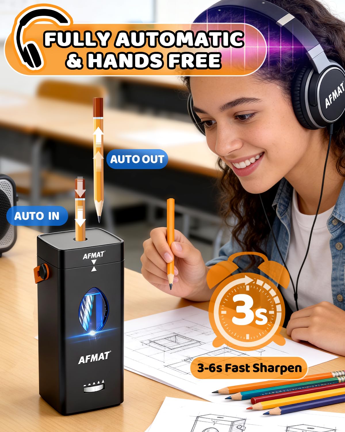 AFMAT Electric Pencil Sharpener, Fully Automatic Pencil Sharpener for 6-12mm No.2/Jumbo Pencils, Auto in & Out, 5 Sharpness Modes, Rechargeable Heavy Duty Sharpeners for Classroom/Home/Office PSC7