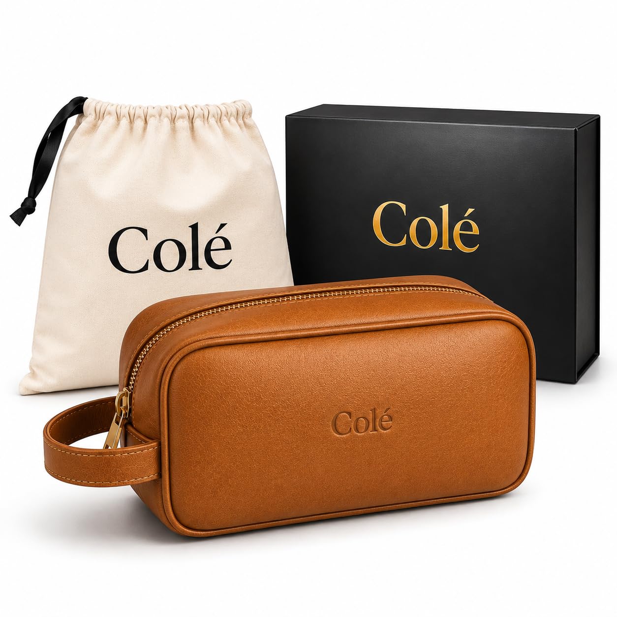 Colé Premium Travel Toiletry Bag Water Resistant, PU Leather, Gift Box, Dust Bag Included.