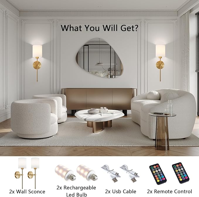Battery Operated Wall Sconce Set of 2, Brushed Gold Cordless Rechargeable Wall Sconces with Dimmable LED Bulb and Remote, 13 Colors Wall Lights for Bedroom Living Room Hallway