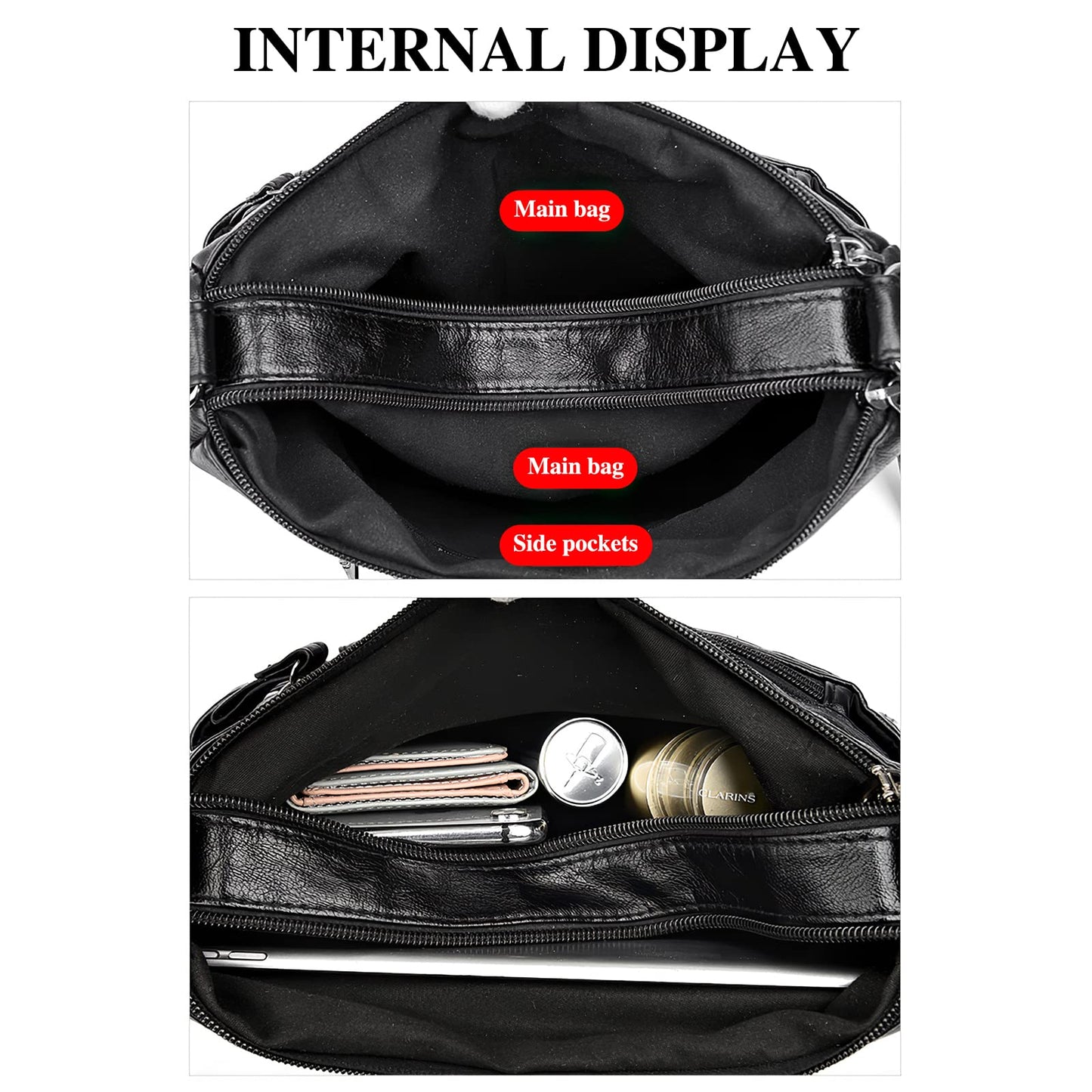 WITERY Small Crossboby Bag for Women - Soft PU Leather Purses Multi-Pocket Shoulder Bag Handbag with Adjustable Strap, Vintage Ladies Medium Roomy Travel Purses Zipper Hobo Totes (Black)