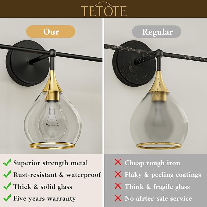 TETOTE 4-Light Modern Bathroom Light Fixtures, 4 Light Vanity Lights Over Mirror Black & Gold Wall Lamp with Clear Glass for Bathroom, Mirror, Living Room, Bedroom, Hallway