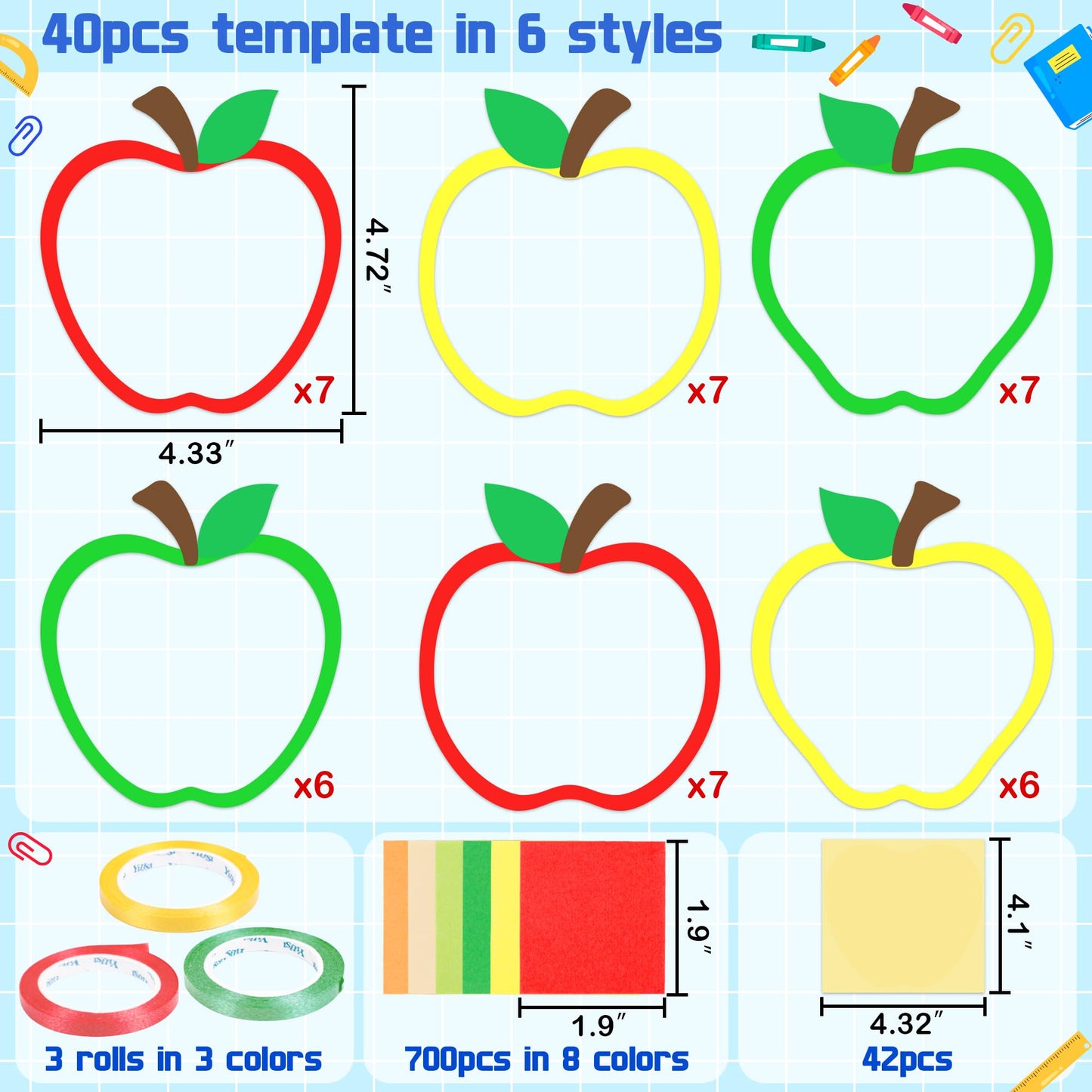 Renbuzhu 40PCS Back to School Apple-Shaped Crafts Bulk: Tissue Paper Sign Suncatchers, First Day of Classroom Activities DIY Kit, Fall Decorations, Window Stained Glass Effect Art Supplies