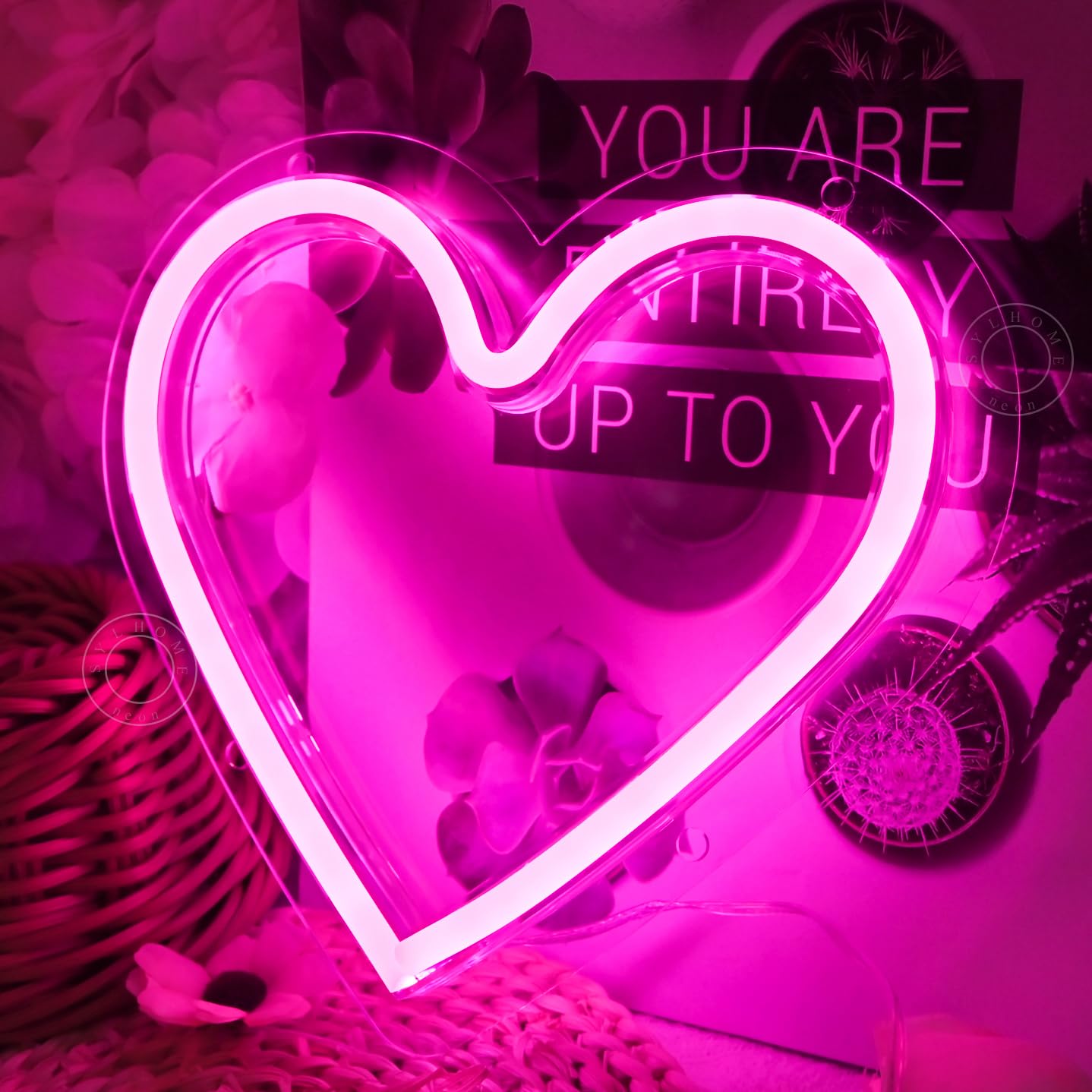 SYLHOME Pink Heart Led Neon Light Sign Battery Operated or USB Powered Bedroom Wedding Wall Sign Decor Valentines Day Birthday Anniversary Sign USB 7.87" X 7.28"