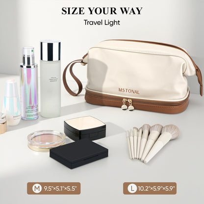 MSTONAL Travel Makeup Bag, Large Capacity Double Layer Cosmetic Bags for Women, Waterproof Portable Make Up Skincare Pouch with Makeup Brush Organizer, Toiletry Bag for Essentials, Beige & Brown