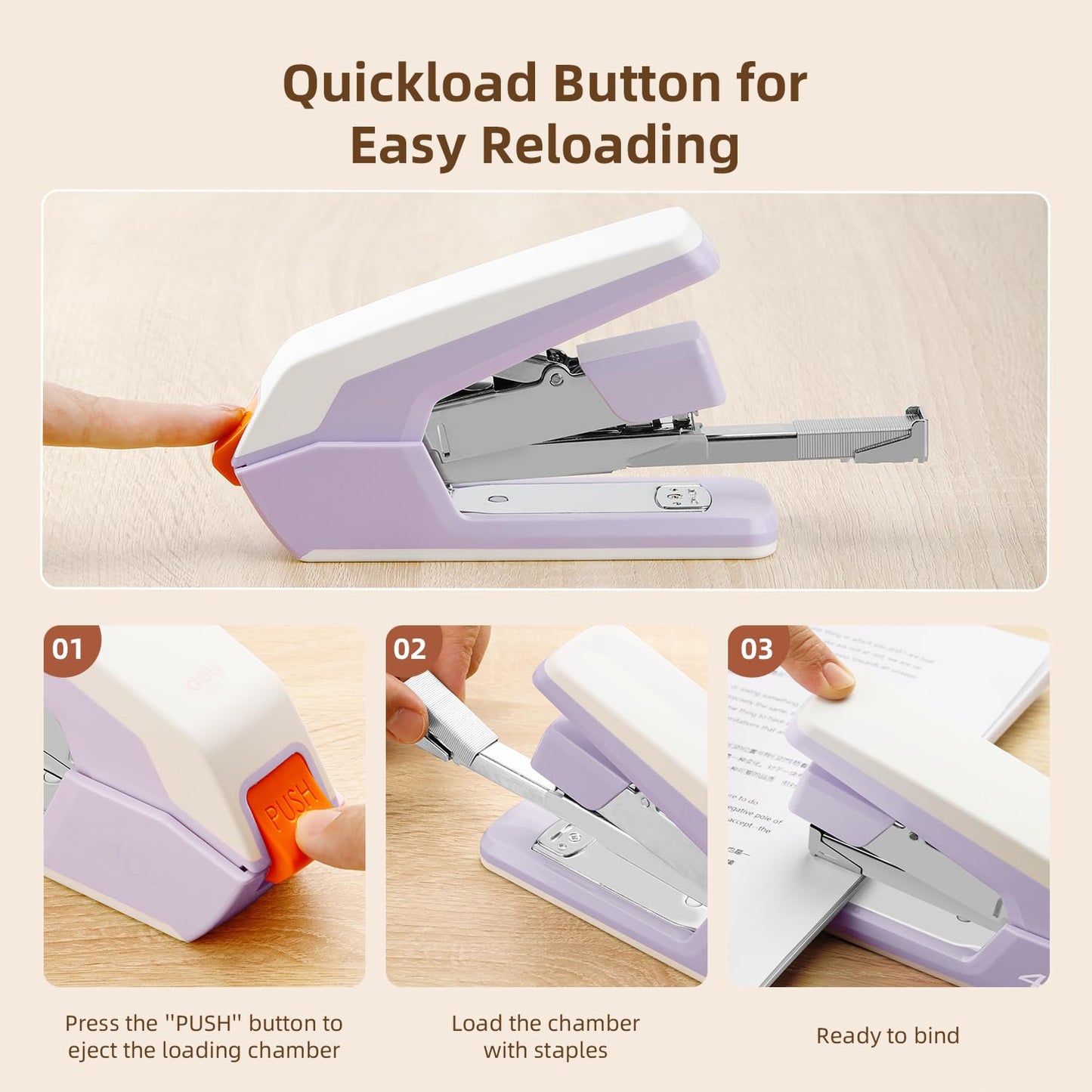 Deli Effortless Desktop Stapler, Heavy Duty Stapler, 40-50 Sheet Capacity, One Finger, No Effort, Includes 1500 Staples & Staple Remover, Violet