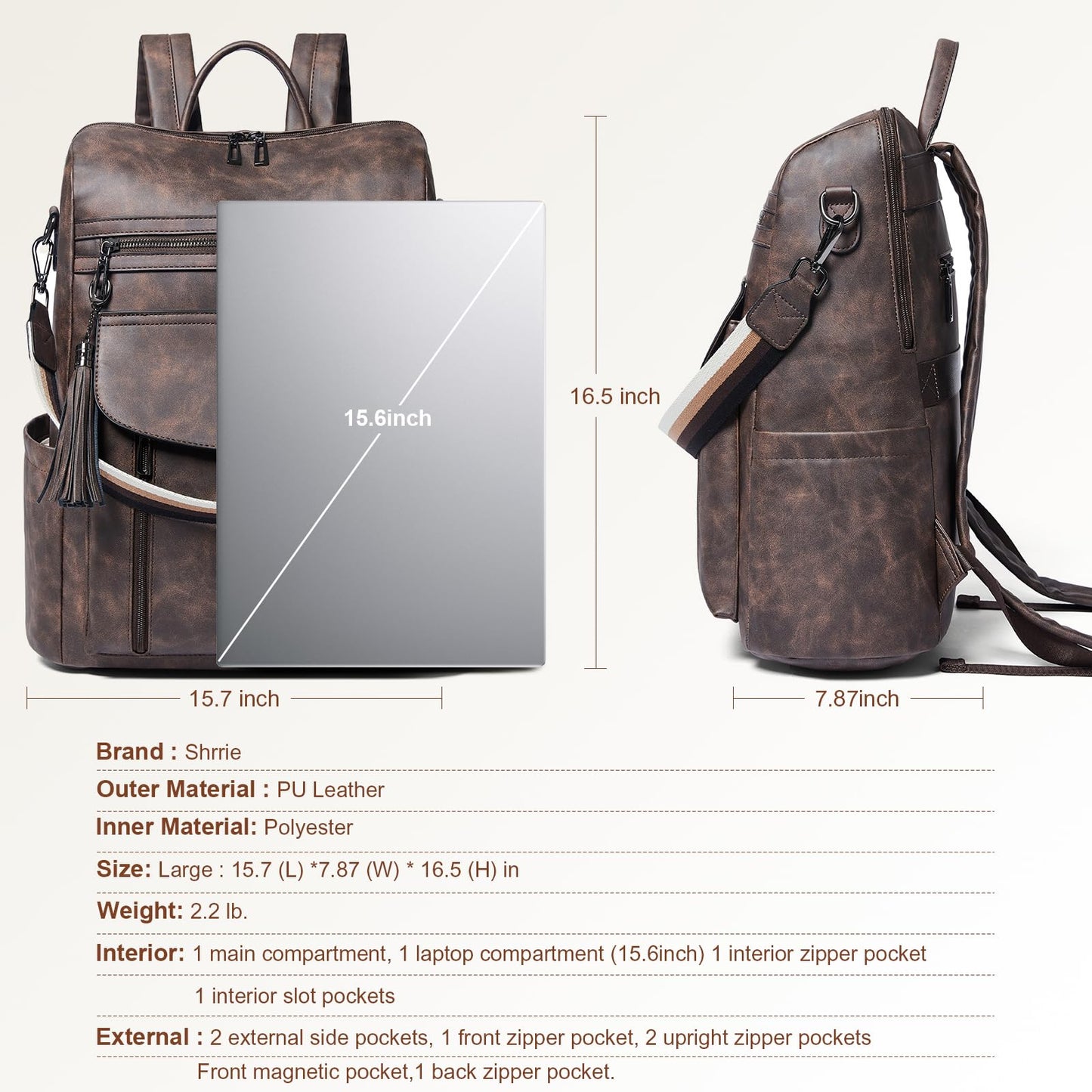 Shrrie Laptop Backpack for Women 15.6 inch,Travel Leather Backpack Purse Nurse Teacher Carry on Backpack Computer Bag,Professional Water-Resistant College Business Work Casual Daypack,Nubuck Coffee