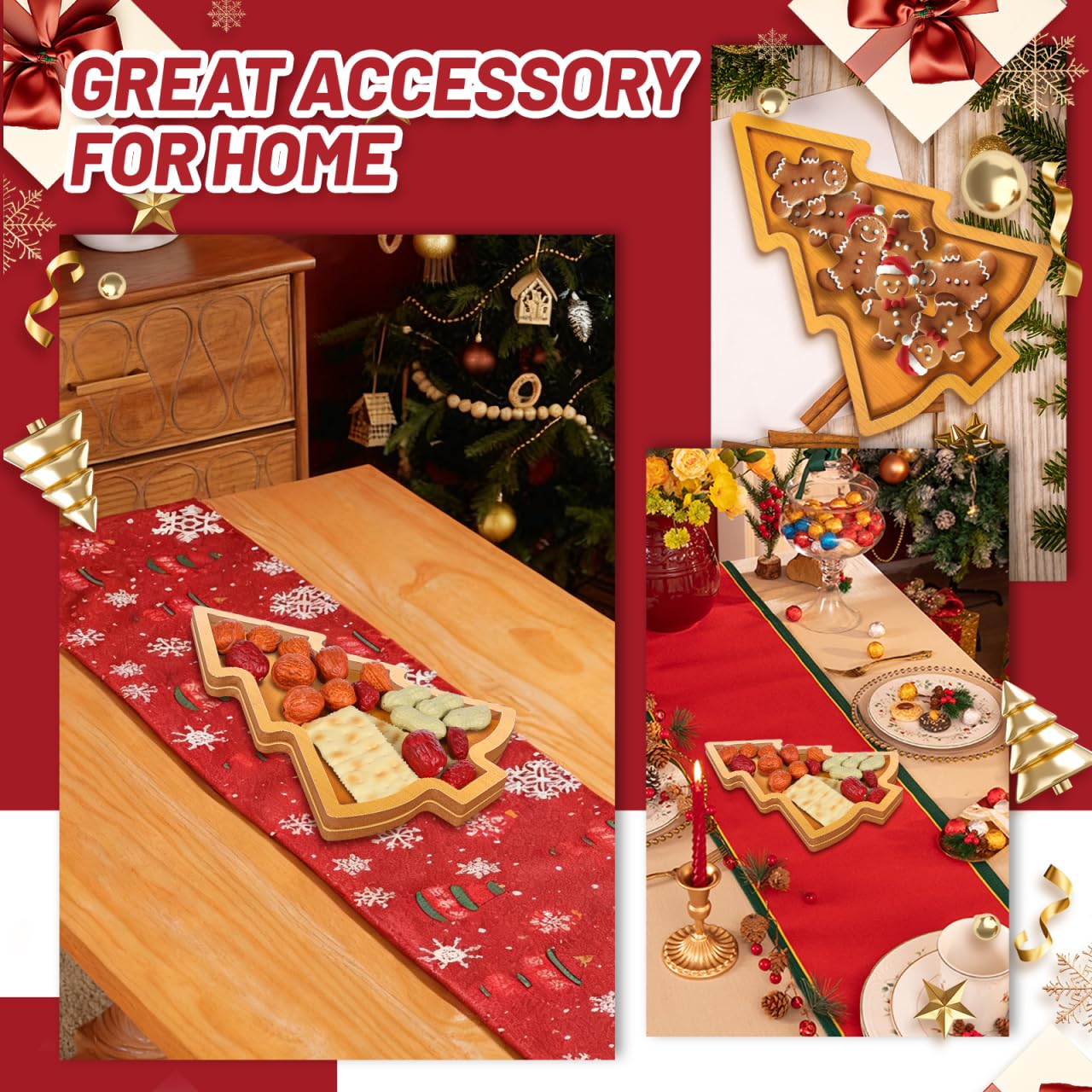 MAGICLULU 1pc Wooden Christmas Tree Serving Tray Wooden Appetizer Tray Christmas Serving Dish Tree Snack Candy Dish Plate for Home Kitchen (Size C