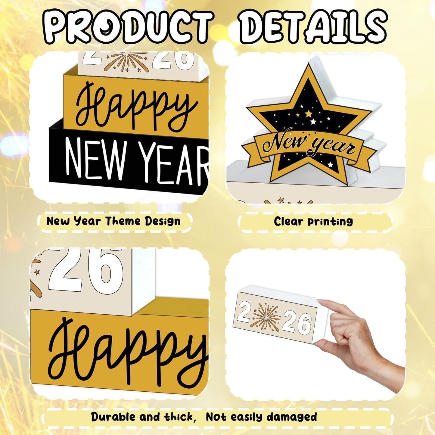 4 Pcs Wooden Happy New Year Tabletop Decor 2026 Wooden Block Signs Star Tabletop Decor Tiered Tray Rustic Table Centerpieces