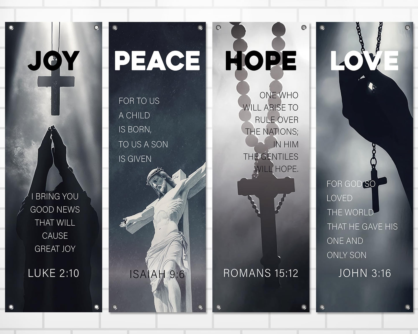 4Pcs Easter Church Banners for Sanctuary Wall Love Hope Joy Peace Religious Banners Hanging Backdrop Jesus Faith Cross Church Banner with Scripture Bible Verse Banner for Easter School Decor