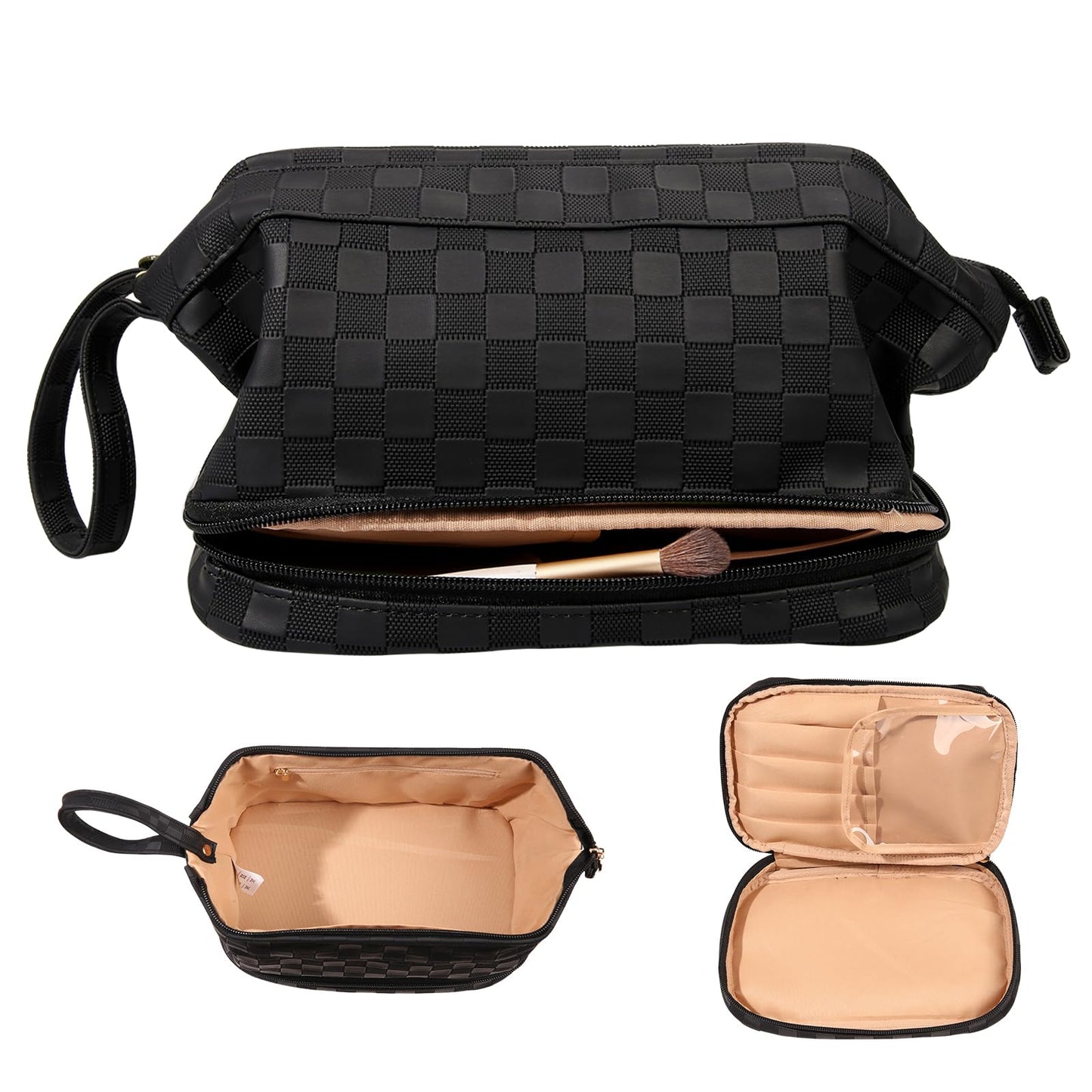Abiudeng Large Makeup Bag for Women,Travel Makeup Organizer with Brush Holder, Dopp Kit Essentials,Waterproof Checkered Cosmetic Bag for Traveling,Multi Compartment,Cute,Spacious Capacity-Black