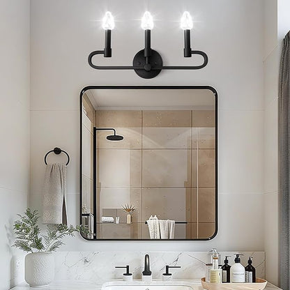 Farmhouse and Modern Bathroom Lighting Fixtures Over Mirror, 3 Light Matte Black Bathroom Vanity Lights, Crystal Bathrooms Wall Sconces(Includes Bulb)