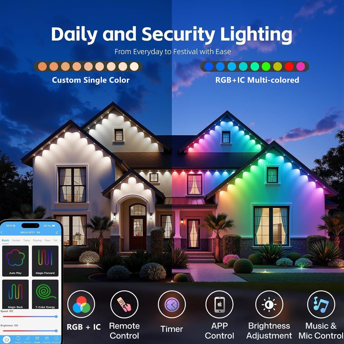 Permanent Outdoor Lights,100ft RGB + IC Smart LED Eaves Lights with App & Remote Control, IP67 Waterproof,for Christmas and All Holiday Decor,Daily and Accent Lighting,House Roof and Garden Lighting