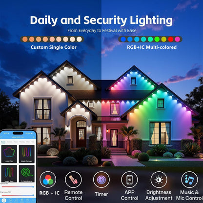 Permanent Outdoor Lights,100ft RGB + IC Smart LED Eaves Lights with App & Remote Control, IP67 Waterproof,for Christmas and All Holiday Decor,Daily and Accent Lighting,House Roof and Garden Lighting