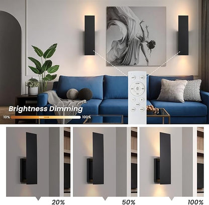 Black Wireless Wall Sconces Set of Two,3000K Warm White Battery Operated Wall Sconce with Remote,USB Rechargeable LED Wall Lights for Living Room Bedroom Hallway