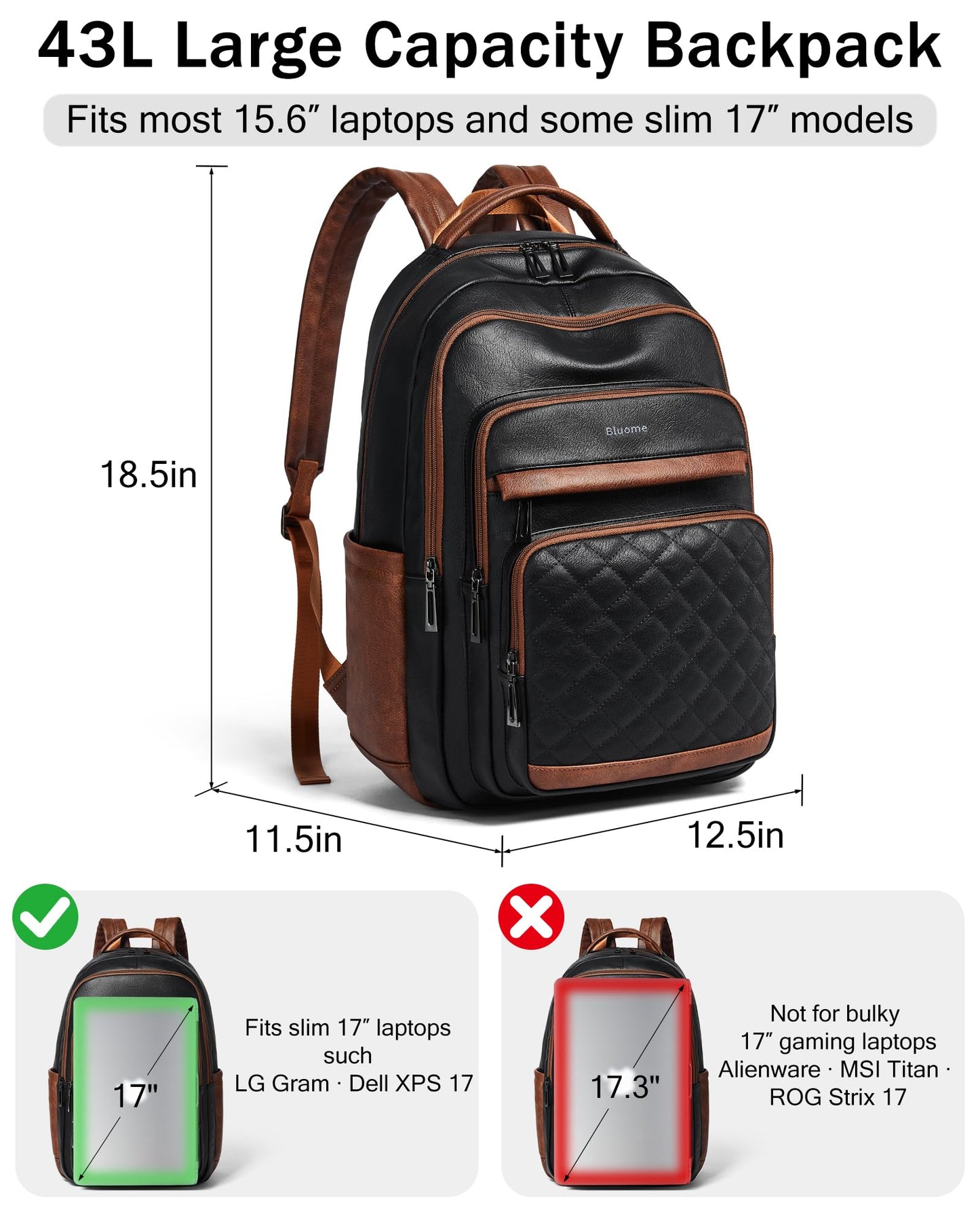 Bluome 43L Work Backpack for Women Men, Laptop Vegan Leather Backpack Purse with 15.6–17 Inch Laptop, Multi-Pocket Bookbag for Office Travel Gym Weekend Overnight Bag, Black&Brown