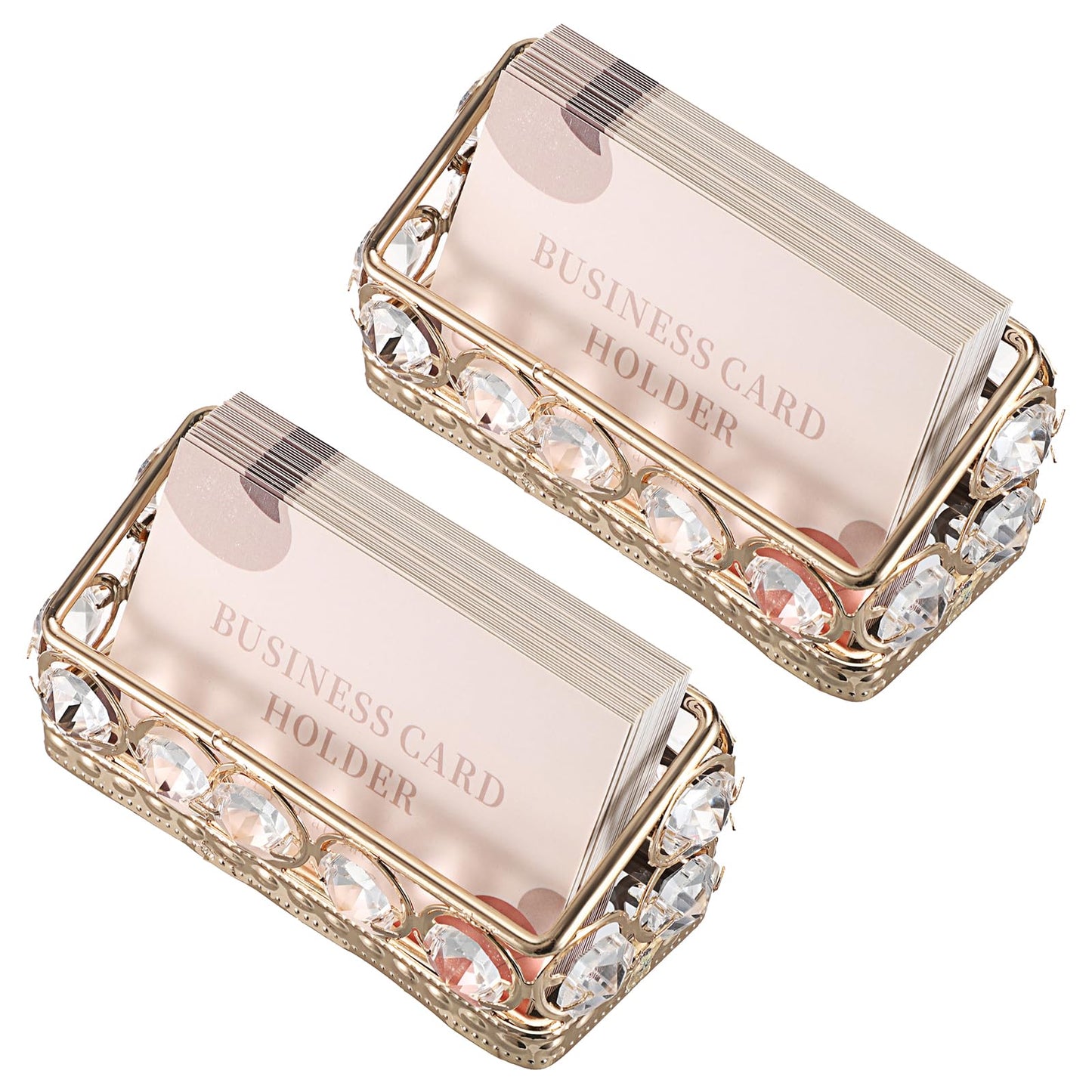 Hipiwe 2 Packs Crystal Business Card Holder Gold Metal Business Card Display Holder for Desk Bling Office Desktop Business Card Storage Organizer with Mirror Base