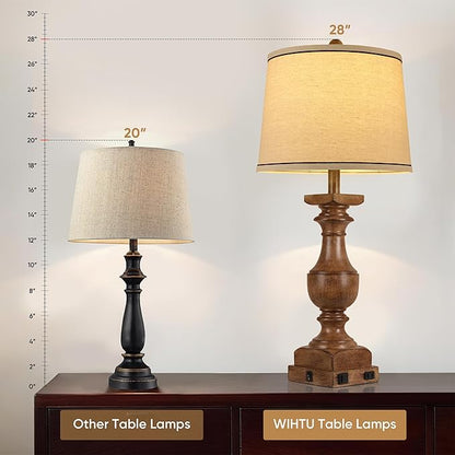 WIHTU Wood Grain Color Table Lamps, 28'' Resin Desk Lamp for Bedroom, Nightstand Lamps Set of 2, Farmhouse Bedside Lamps with Linen Shades, Rocker Switch, Table Lamps with USB A+C Port, Bulb Included
