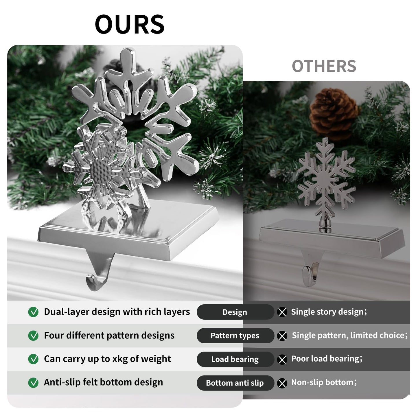 Christmas Stocking Holders for Mantel Set of 4, Stocking Hangers Reindeer Snowman Christmas Tree Snowflake Metal for Fireplace Mantel Holiday Christmas Decorations Stocking Hanger Hook - Silver
