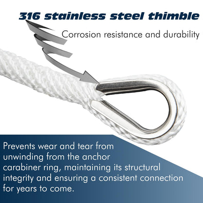 PropelTech Anchor Rope Braided Anchor Line(White, 3/8" x 150') Premium Solid Braid MFP Boat Rope with Stainless Steel Thimble & Shackle, Quality Marine Line, Boat Accessories