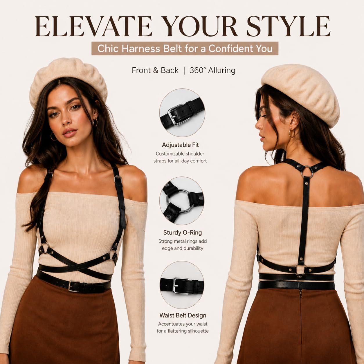 Gothic Leather Waist Harness Belt for Women - Adjustable Chest Vest Body Harness Chains Top for Party, Nightclub, Dating (black)